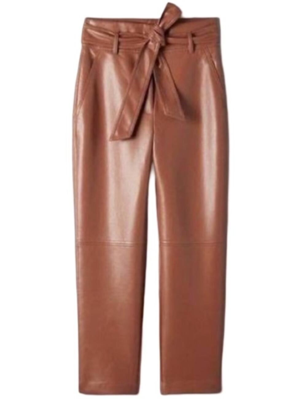 Aritzia Wilfred High Tied Faux Leather Pants Brown Cinnamon Vegan Tie Belt Sz 10